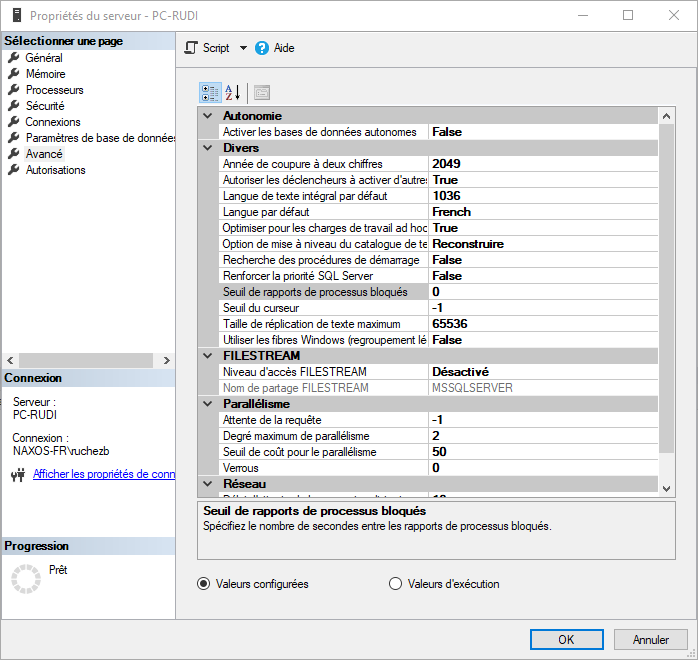 Le paramètre blocked process threshold dans les propriétés de l’instance SSMS