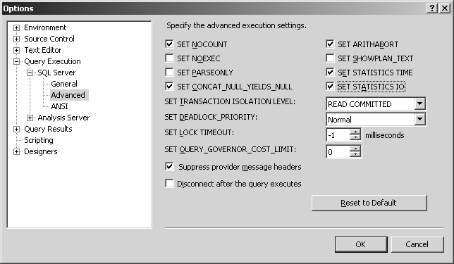 Fig. 5.3 – options de la session SSMS